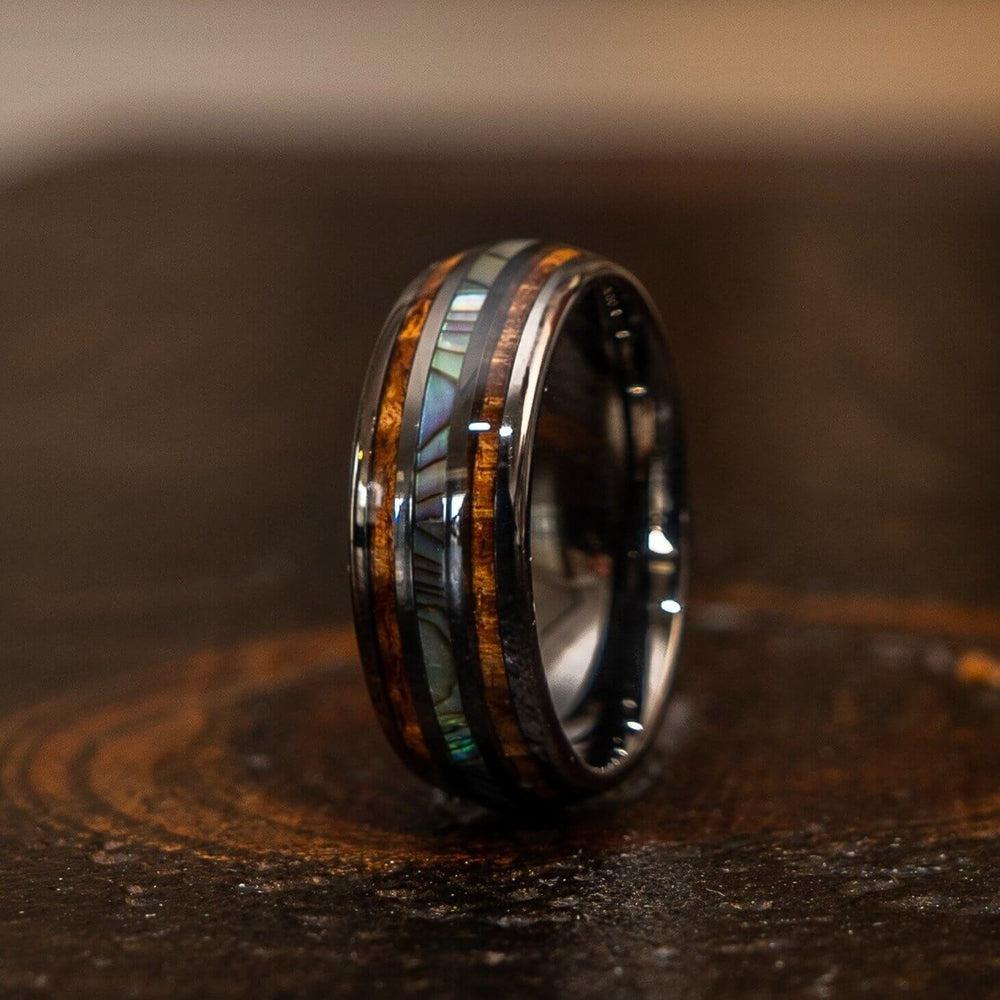 "Dionysus" Whisky Barrel x Abalone Shell Gunmetal Tungsten Ring-Rings By Lux