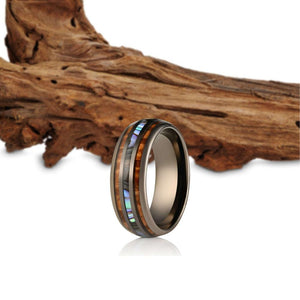 "Dionysus" Whisky Barrel x Abalone Shell Gunmetal Tungsten Ring-Rings By Lux