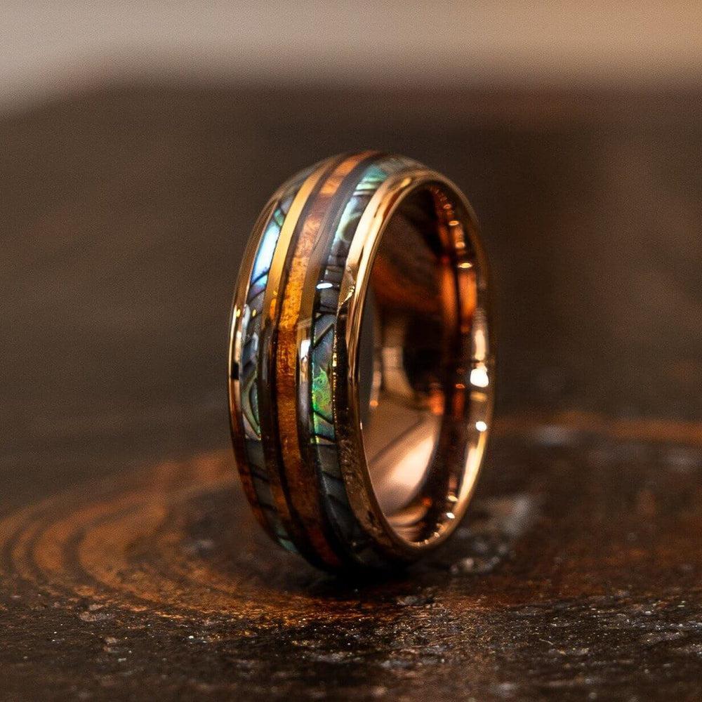 "Dionysus" Whisky Barrel x Double Abalone Shell Rose Gold Tungsten Ring-Rings By Lux