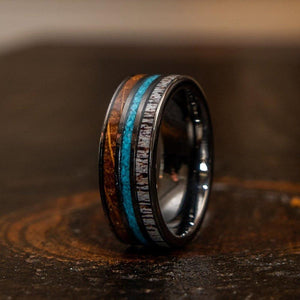 "Dionysus" Whisky Barrel x Turquoise x Naturally Shed Antler Gunmetal Tungsten Ring- Flat-Rings By Lux