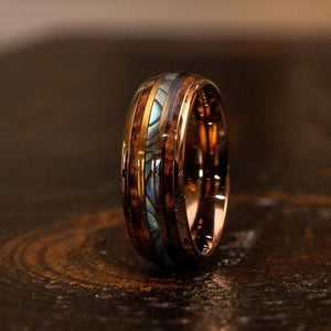 "Dionysus" Whisky Barrel x Abalone Shell Rose Gold Tungsten Ring-Rings By Lux