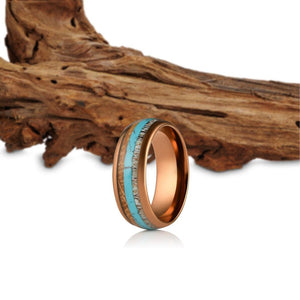 "Dionysus" Whisky Barrel x Turquoise x Naturally Shed Antler Rose Gold Ring- Domed-Rings By Lux