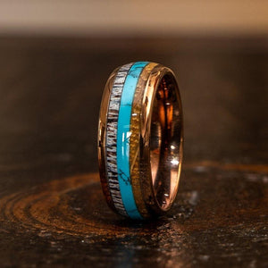 "Dionysus" Whisky Barrel x Turquoise x Naturally Shed Antler Rose Gold Ring- Domed-Rings By Lux