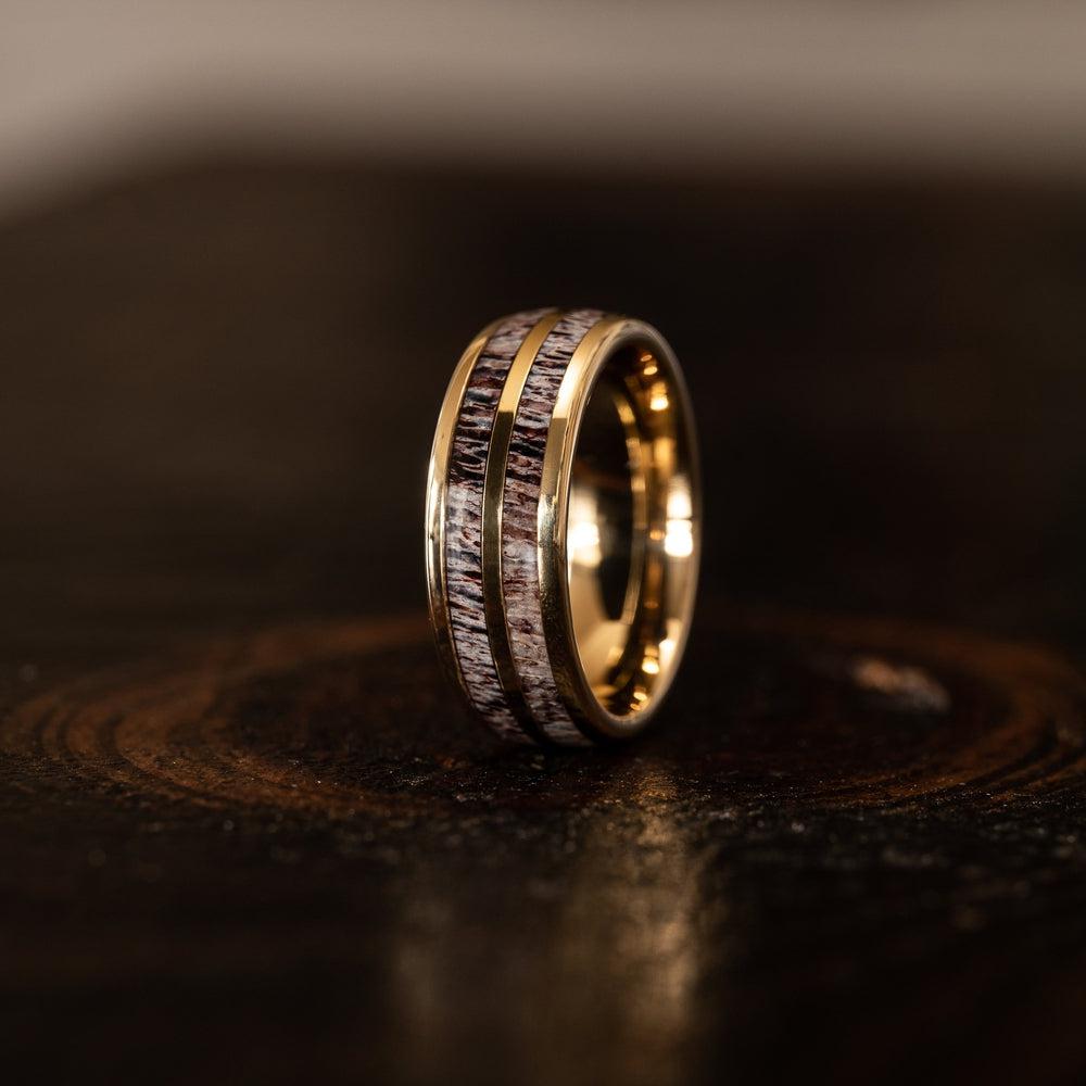 "Dionysus" Double Barrel Naturally Shed Antler Yellow Gold Tungsten Ring- Domed-Rings By Lux