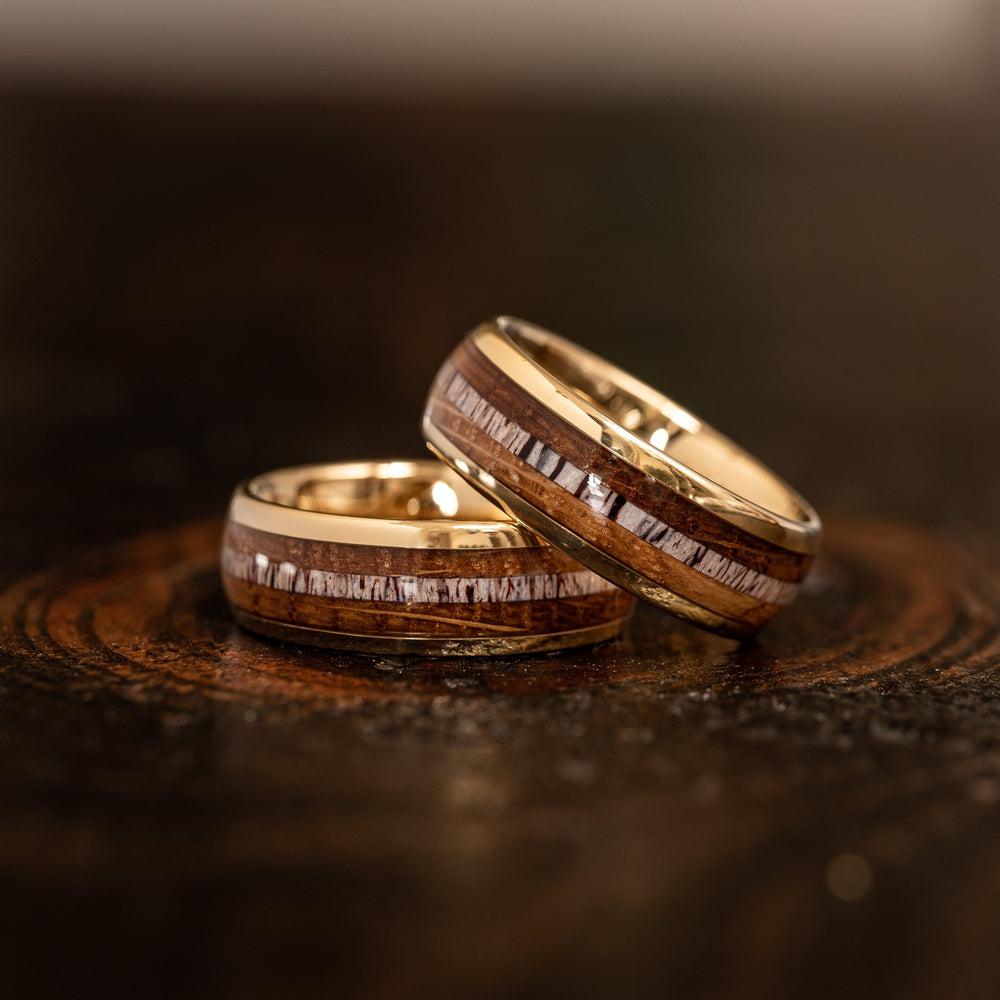 &quot;Dionysus&quot; Whisky Barrel Wood x Antler Ring- Yellow Gold Tungsten-Rings By Lux