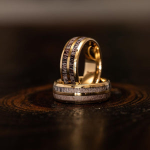 "Dionysus" Double Barrel Naturally Shed Antler Yellow Gold Tungsten Ring- Domed-Rings By Lux