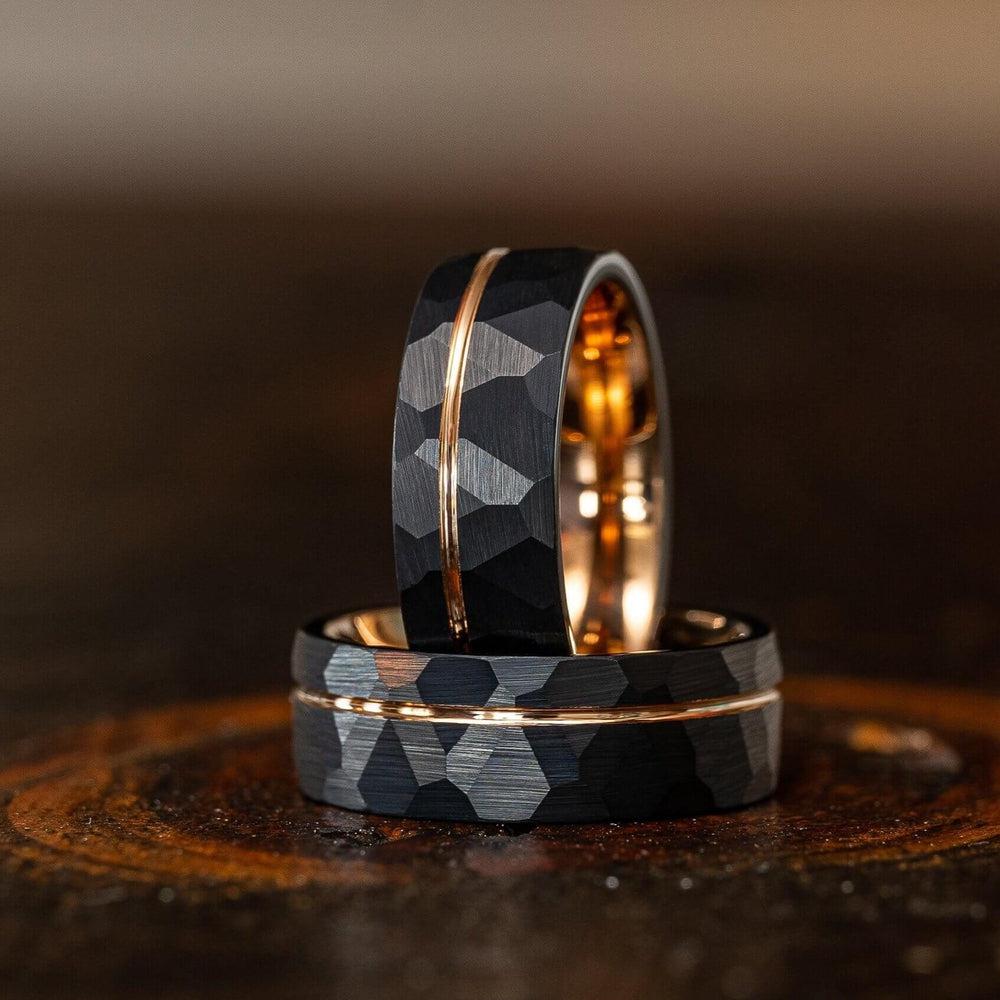 &quot;Zeus&quot; Hammered Tungsten Carbide Ring- Black w/ Rose Gold Strip- 8mm-Rings By Lux