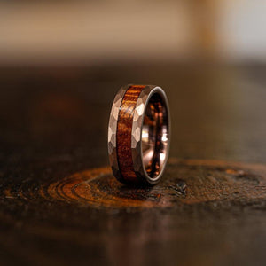 "Zeus" Hammered Tungsten Carbide Ring- Coffee with Hawaiian Koa Wood-Rings By Lux