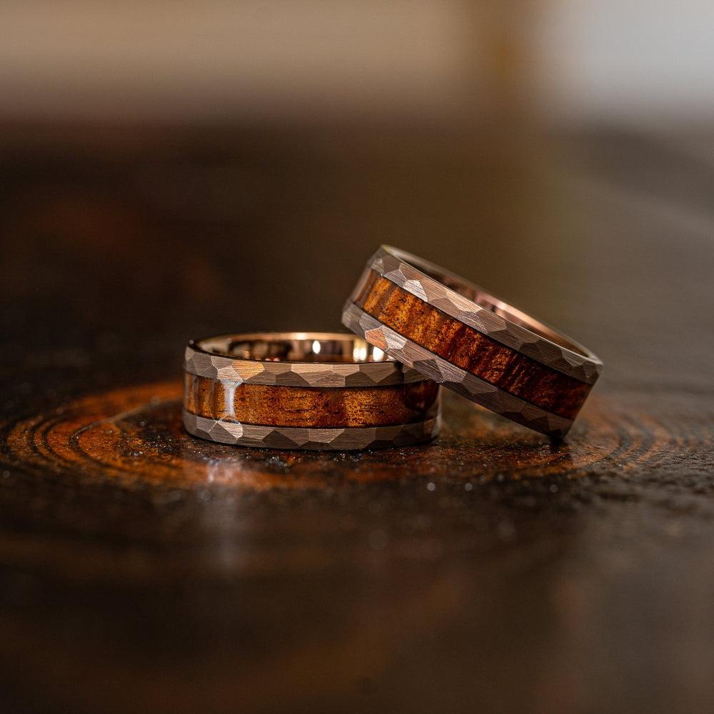 "Zeus" Hammered Tungsten Carbide Ring- Coffee with Hawaiian Koa Wood-Rings By Lux