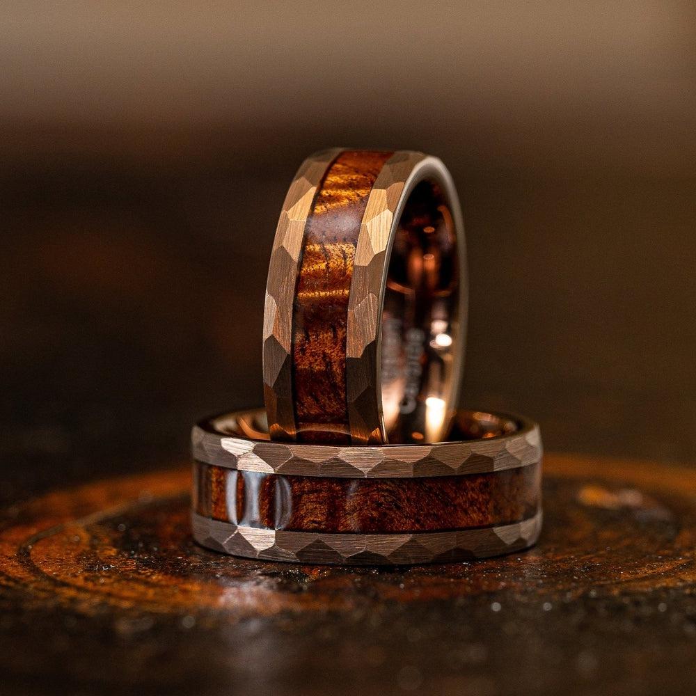 &quot;Zeus&quot; Hammered Tungsten Carbide Ring- Coffee with Hawaiian Koa Wood-Rings By Lux