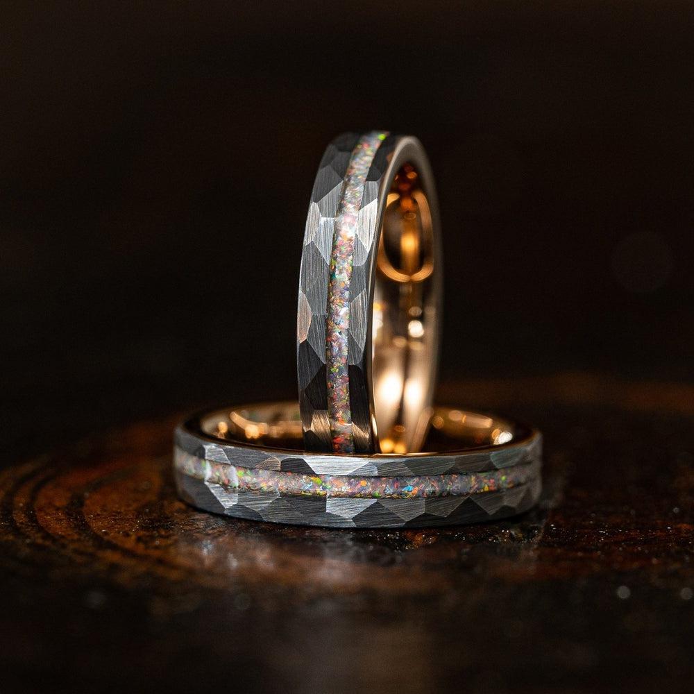 "Zeus" Womens Hammered Tungsten Carbide Ring- White Gold w/ Opal Inlay- 4mm-Rings By Lux