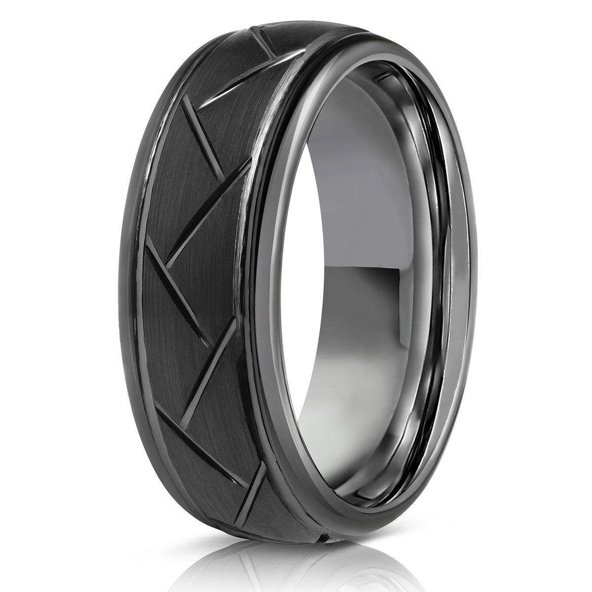 "Aries" Black Tungsten Carbide Ring- Domed with Cut- 8mm