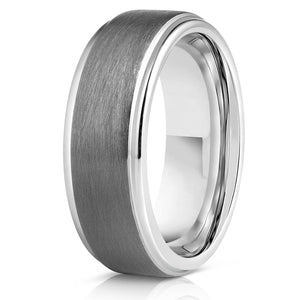 "Aries" Silver Tungsten Carbide Ring- Flat with Brushed Gunmetal Center- 8mm